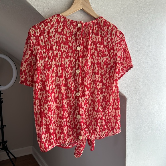 Madewell Red Floral Crinkled Chiffon Sheer Blouse - Picture 3 of 6